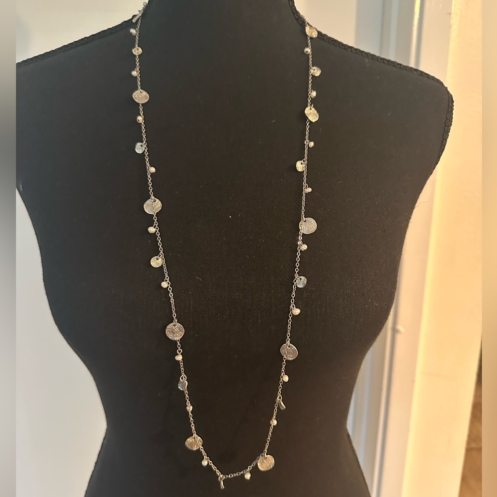 Long silver/pearl tone beaded necklace